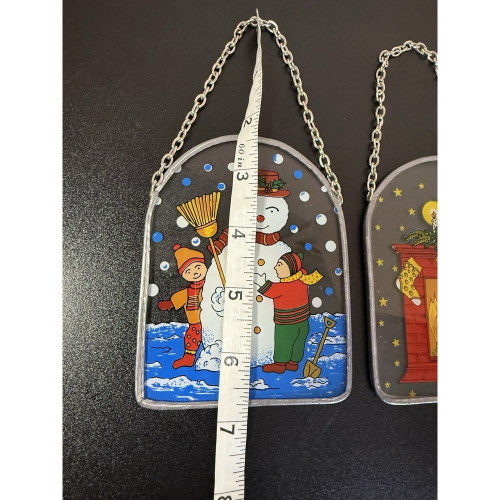 Vintage Holiday Snowman/Fireplace Metal/Glass Hanging Sun Catchers Set Of 2 - Picture 6 of 6